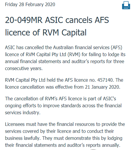 ASIC监管警示：宣布取消RVM Capital的AFS牌照