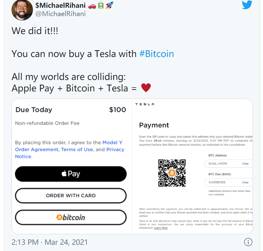 特斯拉美国官网支持使用比特币进行支付，比特币站上56000美元关口